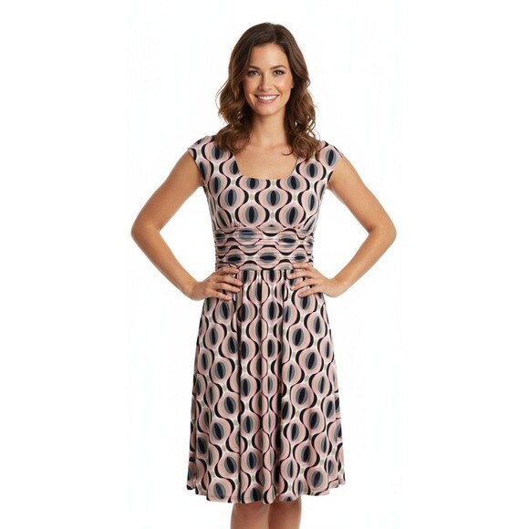 Retro Mod Geometric Print Midi Dress Sleeveless Pleated Waist Medium size 10 - Picture 1 of 12